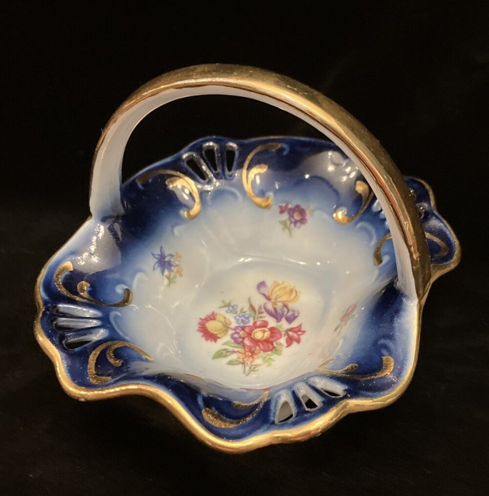 Vintage GDR Reticulated Cobalt Porcelain Basket Bowl Martinroda Gilded Floral